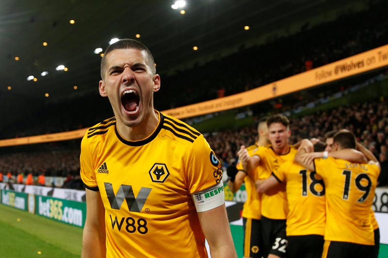 Wolverhampton Wanderers' Conor Coady celebrates after Diogo Jota scores their second goal during the FA Cup Quarter Final match between Wolverhampton Wanderers and Manchester United, at Molineux Stadium in Wolverhampton, Britain on March 16, 2019.  Photo: Action Images via Reuters