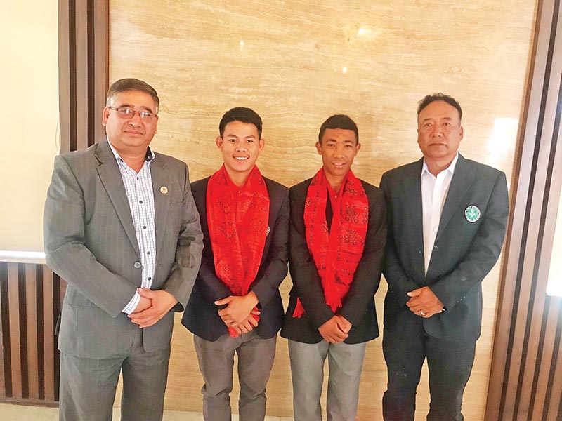 (From left) NOC President Jeevan Ram Shrestha, golfers Sukra Bahadur Rai and Subash Tamang, and NGA President Tashi Ghale at a farewell programme in Kathmandu on Sunday.