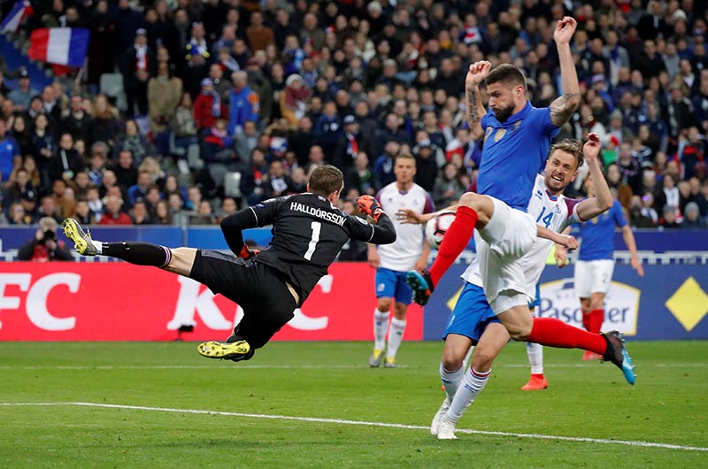 France's Olivier Giroud scores their second goal during the Euro 2020 Qualifier Group H match between France and Iceland, at Stade de France, in Saint-Denis, France, on March 25, 2019. Photo: Retuers