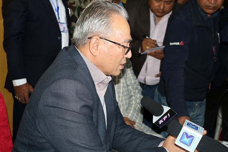 Minister for Home Affairs Ram Bahadur Thapa interacting with mediapersons in Dhangadhi of Kailali district, on Wednesday, March 6, 2019. Photo: RSS