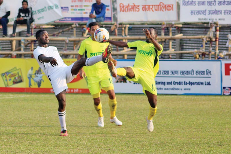 Players of Rupandehi-XI and Dauphins Family Club (left) in action during the quarter-final match of the Mugmug Jhapa Gold Cup in Birtamod on Thursday. Photo: THT