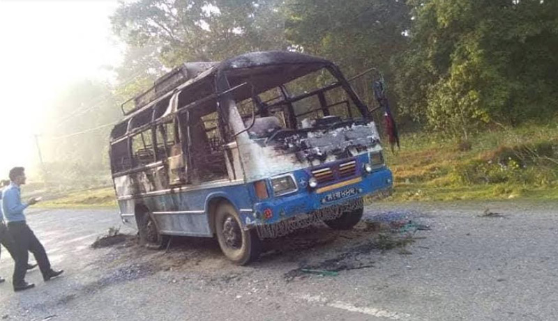 The bus that was set on fire by cadres of Netra Bikram Chand led Communist Party of Nepal, in Badaipur of Kailali district, on Thursday, March 14, 2019. A nation-wide strike was called by the party after the government decided to put a ban on its activities. Photo: Tekendra Deuba/THT