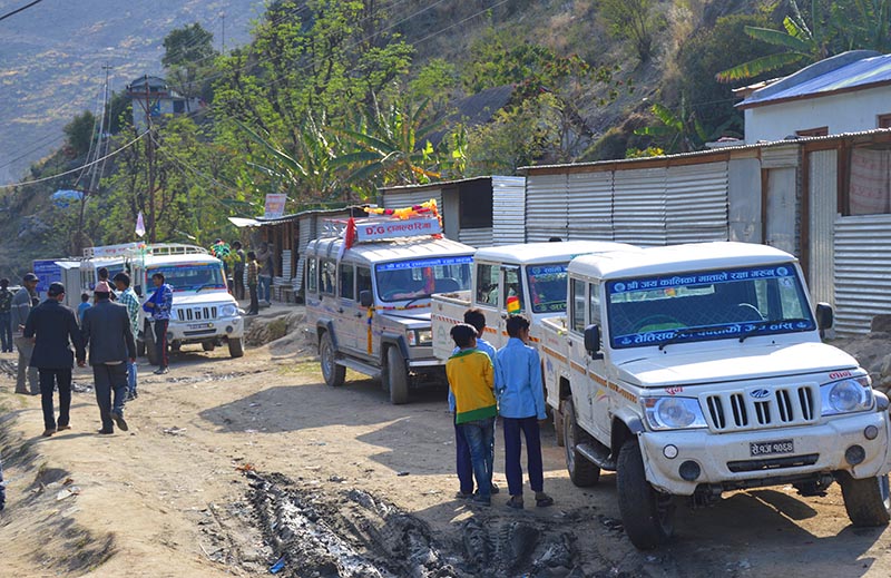 Jeeps plying the Lebdi-Laifu road stretch after the 31-kilometre road stretch came into operation, in Bajura, on Thursday, March 21, 2019. Photo: THT