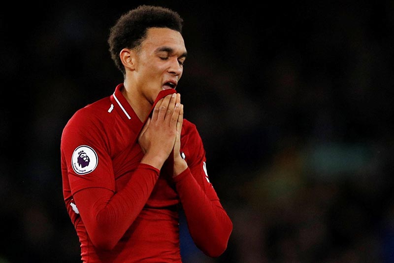 Liverpool's Trent Alexander-Arnold reacts after the match during the Premier League match between Everton and Liverpool, at Goodison Park, in Liverpool, Britain, on March 3, 2019. Photo: Reuters