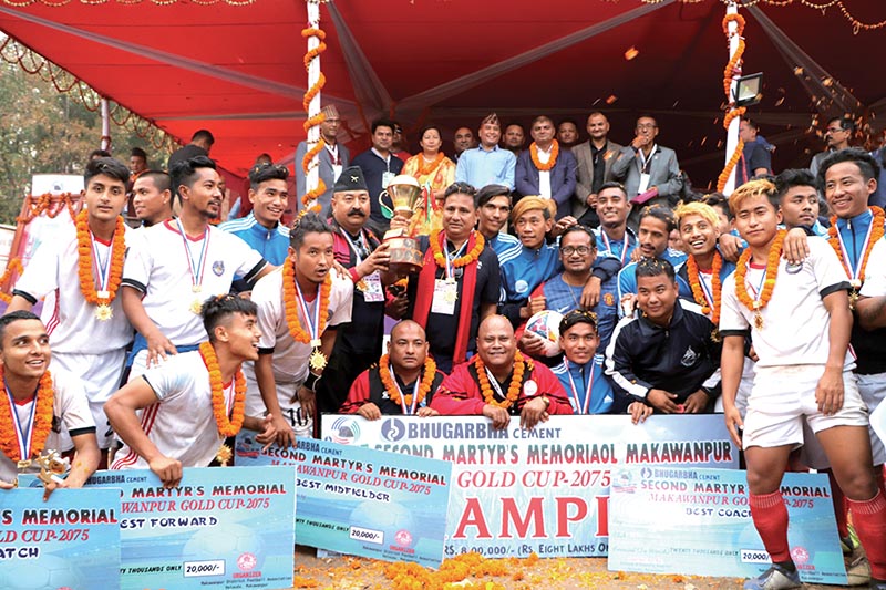 Regal Hetauda Resort Makawanpur-XI team members celebrate after winning the second Bhugarbha Cement Martyrs Memorial Makawanpur Gold Cup in Hetauda on Saturday. Photo: THT