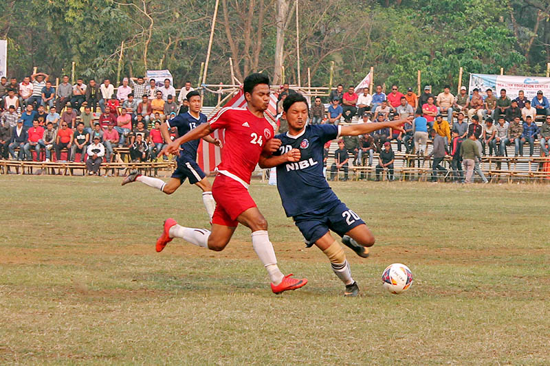 Players in action during Martyr's Memorial Makawanpur Gold Cup in Hetauda, on Monday, March 25, 2019. Photo: Prakash Dahal