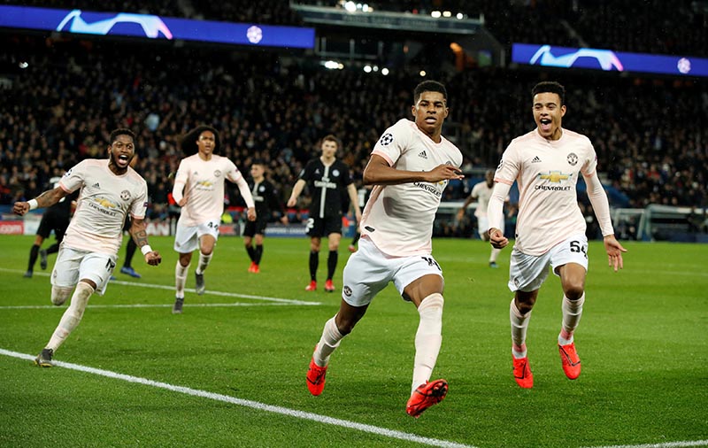 Manchester United's Marcus Rashford celebrates scoring their third goal with Mason Greenwood and team mates during the Champions League Round of 16 Second Leg Paris St Germain and Manchester United, at Parc des Princes, in Paris, France, on March 6, 2019. Photo: Action Images via Reuters