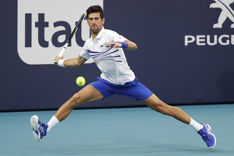Novak Djokovic of Serbia reaches for a forehand against Federico Delbonis of Argentina (not pictured) in the third round of the Miami Open at Miami Open Tennis Complex, in Miami Gardens, FL, USA, on March 24, 2019. Photo: Geoff Burke-USA TODAY Sports via Reuters