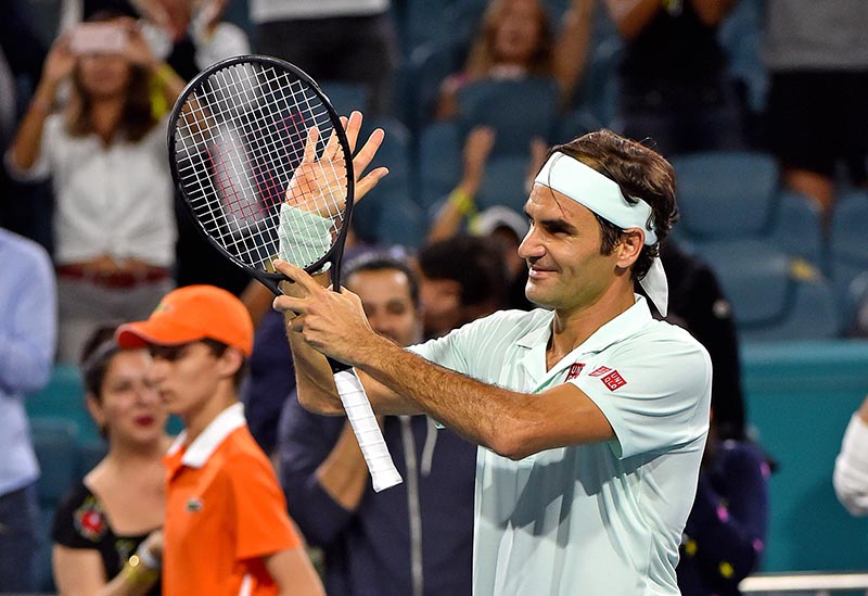 Roger Federer of Switzerland celebrates after defeating Kevin Anderson of South Africa (not pictured) during the menu2019s quarter-finals at Miami Open Tennis Complex, in Miami Gardens, FL, USA, on Mar 28, 2019. Photo: Steve Mitchell-USA TODAY Sports via Reuters