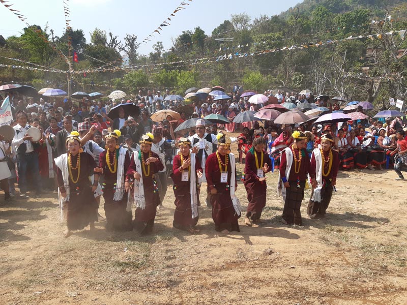 Dancers performing Kaura Dance during the Chief Minister Environment-friendly Model Agro Village Announcement Programme, in Pathardi village, Bhimad Municipality-9, of Tanahun district, on Tuesday, March 26, 2019. Photo: Rup Narayan Dhakal/THT