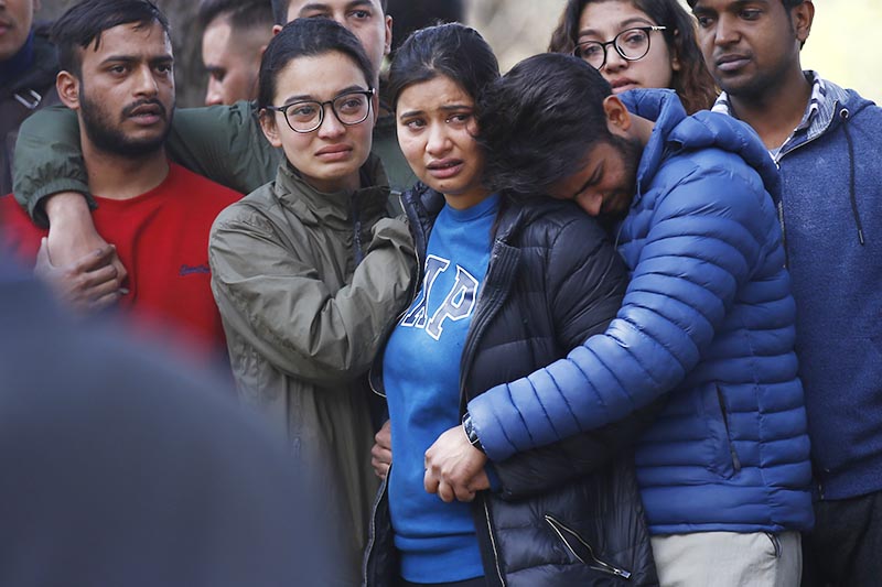 Family members mourning the death of Air Dynasty chopper crash victims, whose remains were airlifted to Tribhuvan International Airport in Kathmandu, on Thursday, February 28, 2019. Photo: Skanda Gautam/THT