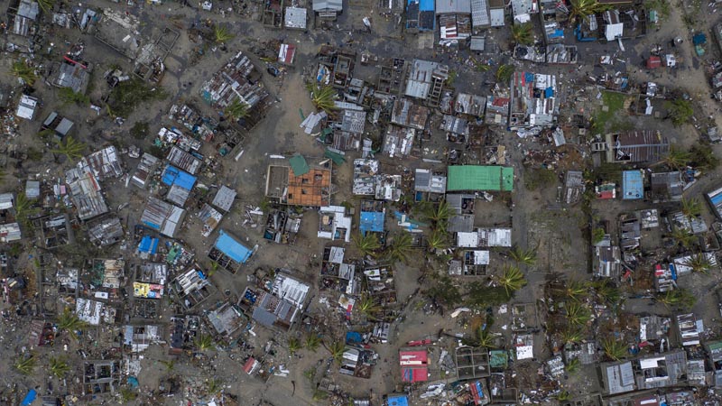 Seen from a drone Praia Nova Village, one of the most affected neighbourhoods in Beira, razed by the passing cyclone, in the coastal city of Beira, Mozambique, Sunday March 17, 2019. Photo: Josh Estey/CARE via AP