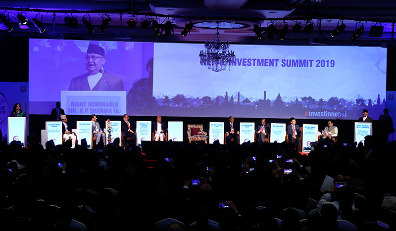 Prime Minister KP Sharma Oli address the Nepal Investment Summit being organised in Kathmandu, on Friday, March 29, 2019. Photo: RSS
