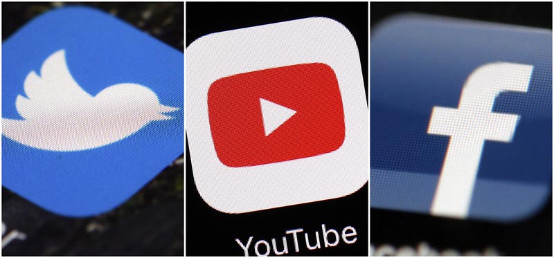 This combination of images shows logos for companies from left, Twitter, YouTube and Facebook. Photos: AP/File