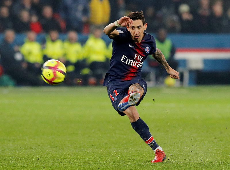 Paris St Germain's Angel Di Maria scores their third goal from a free kick during the Ligue 1, match between Paris St Germain and Olympique de Marseille, at Parc des Princes, in Paris, France, on March 17, 2019. Photo: Reuters