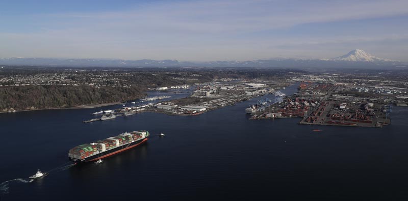 FILE: In this Tuesday, March 5, 2019, file photo the Cape Kortia container ship heads into the Port of Tacoma in Commencement Bay. Photo: AP/ File