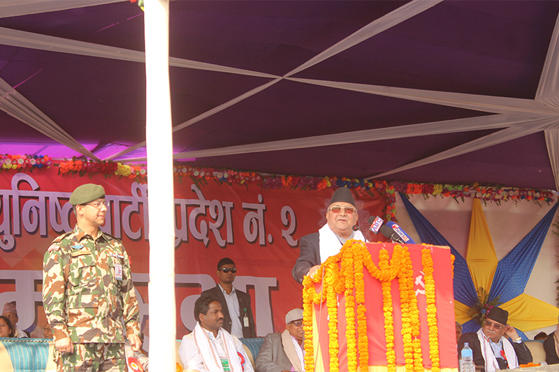 Prime Minister KP Sharma Oli addresses a mass meeting organised by Nepal Communist Party (NCP) in Garuda Municipality, Rautahat district, on Saturday, March 9, 2019. Photo: Prabhat Kumar Jha/THT
