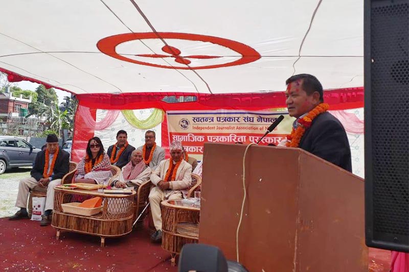 Gandaki Province Chief Minister Prithivi Subba Gurung speaking at a programme organised in Pokhara, on Wednesday, March 20, 2019. Photo: THT