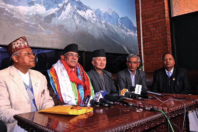 Nepal Communist Party (NCP) Co-chair Pushpa Kamal Dahal speaking at a press meet before leaving for the United States, in Kathmandu, on Sunday. Photo: RSS