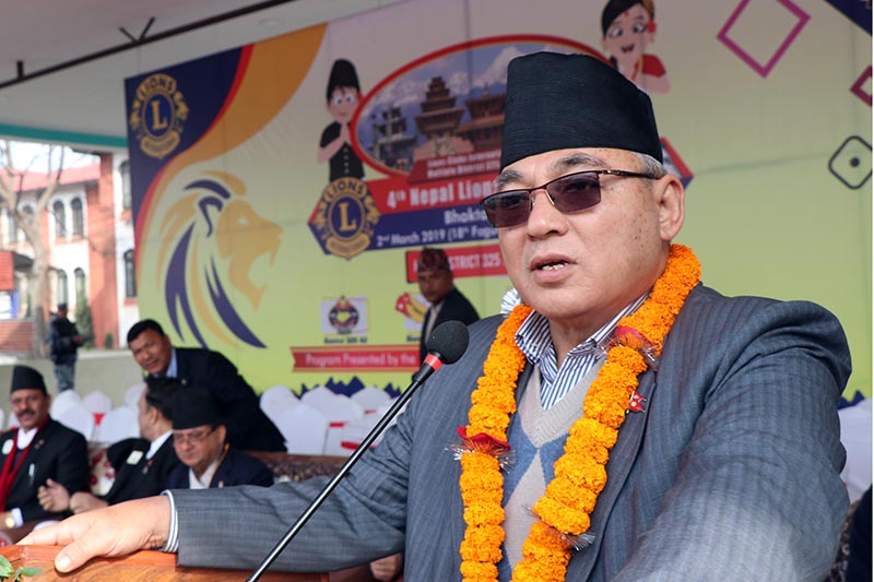 Minister for Home Affairs Ram Bahadur Thapa addresses an inaugural session programme of Nepal Lions Festival in Bhaktapur, on Saturday, March 2, 2019. Photo: RSS