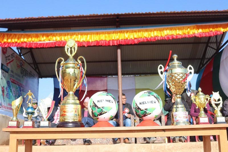 This image shows cups and other trophies for second Mayor Cup Open Men's Football Tournament in display, at Tundikhel, Bhojpur district, on Tuesday, March 5, 2019. Photo: Niroj Koirala/THT