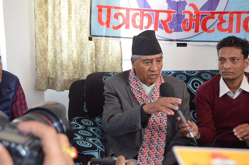 Sher Bahadur Deuba, President of the main opposition Nepali Congress, speaking at a press meet organised by Press Union, Kaski, in Pokhara, on Tuesday, March 12, 2019. Photo: Rishi Ram Baral/THT