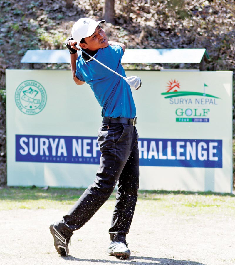 Bhuwan Kumar Rokka plays a shot during the second round of the Surya Nepal Challenge at the RNGC in Kathmandu on Wednesday. Photo: THT