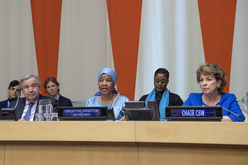 Phumzile Mlambo-Ngcuka, third from right, executive director of UN Women, speaks at the United Nations Observance of International Women's Day at the United Nations headquarters on Friday, March 8, 2019. At left is UN secretary General Antonio Guterres, and at right is Geraldine Byrne-Nason, chair of the Commission on the Status of Women and Permanent Representative of Ireland to the United Nations. Photo: Eskinder Debebe/The United Nations via AP