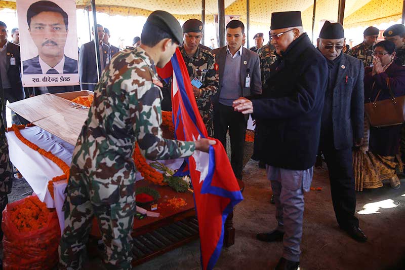 Prime Minister KP Sharma Oli pays heartfelt tributes to Air Dynasty chopper crash victims in Tundikhel, Kathmandu, on Friday, March 1, 2019. Photo: Skanda Gautam/THT