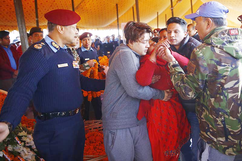 Family, friends and relatives pay final tributes to Air Dynasty chopper crash victims, on Friday, in Tundikhel, Kathmandu, on Friday, March 1, 2019. Photo: Skanda Gautam/THT