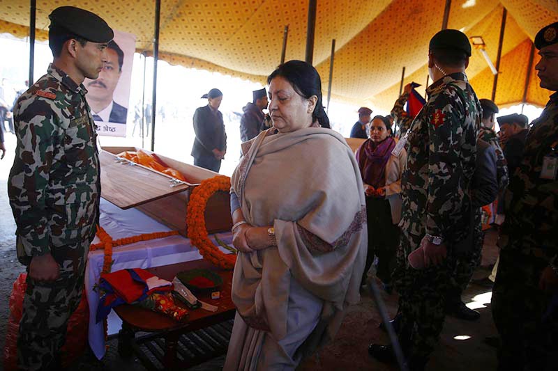 President Bidya Devi Bhandari pays heartfelt tribute to Air Dynasty chopper crash victims at open theatre in Tundhikhel, Kathmandu, on Friday, March 1, 2019. Photo: Skanda Gautam/THT