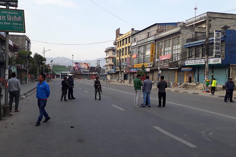 A team of Nepal Army sealing the area while defusing an explosive device found at Sabhagriha Chok, in Pokhara, on Thursday, March 14, 2019. Photo: Rishi Ram Baral/THT