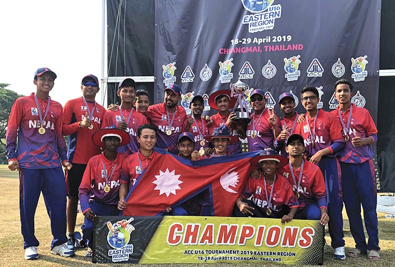Nepal U-16 team members celebrate after winning the ACC U-16 Eastern Region Cricket Tournament at the Prem Tinsulanonda International School grounds in Chiang Mai, Thailand on Sunday. Photo Courtesy: CATu00a0