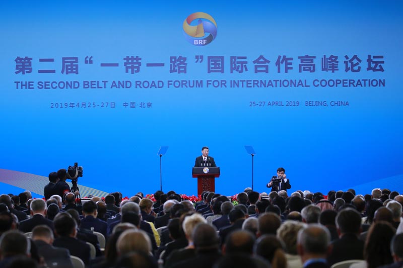 Chinese President Xi Jinping delivers his speech for the opening ceremony of the second Belt and Road Forum for International Cooperation (BRF) in Beijing Friday, April 26, 2019. Photo: How Hwee Young/Pool Photo via AP