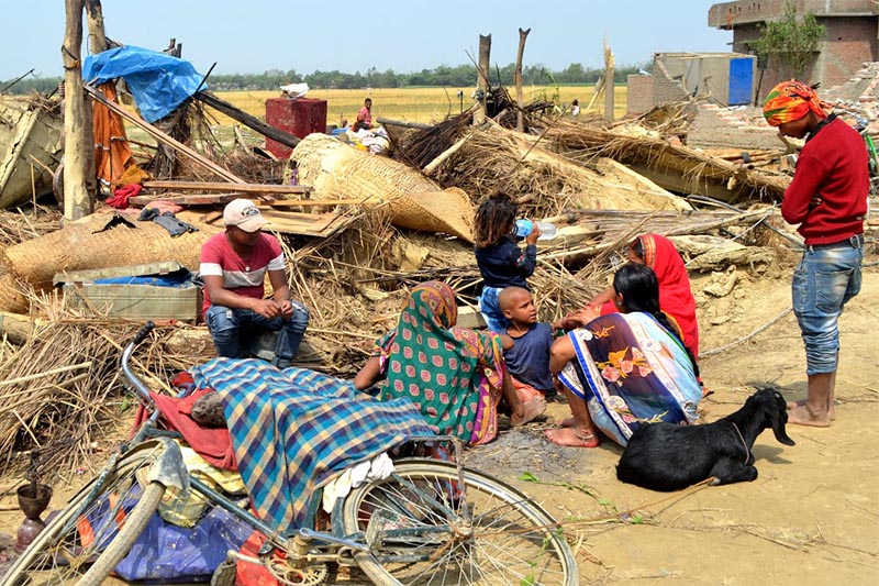 Victims waiting for relief materials after a devastating storm hit Bara and Parsa districts on Sunday night, at Bhaluhi, Birgunj, on Monday, April 1, 2019. Photo: Ram Sarraf/THT