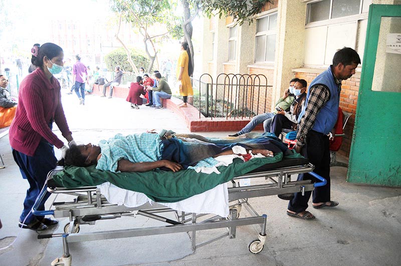 Gita Devi Patel, who was injured in the storm that wreaked havoc in Bara and was referred to Tribhuvan University Teaching Hospital, being taken for CT scan before surgery, on Monday, April 1, 2019. Photo: Balkrishna Thapa Chhetri/THT