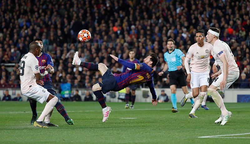 Barcelona's Lionel Messi shoots at goal during the Champions League Quarter Final Second Leg, at FC Barcelona and Manchester United, at Camp Nou, in Barcelona, Spain, on April 16, 2019. Photo: Reuters