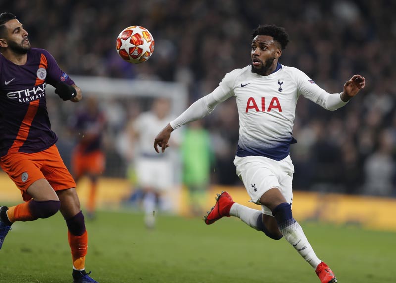 Manchester City's Riyad Mahrez (left) challenges for the ball with Tottenham's Danny Rose during the Champions League, round of 8, first-leg soccer match between Tottenham Hotspur and Manchester City at the Tottenham Hotspur stadium in London, Tuesday, April 9, 2019. Photo: AP