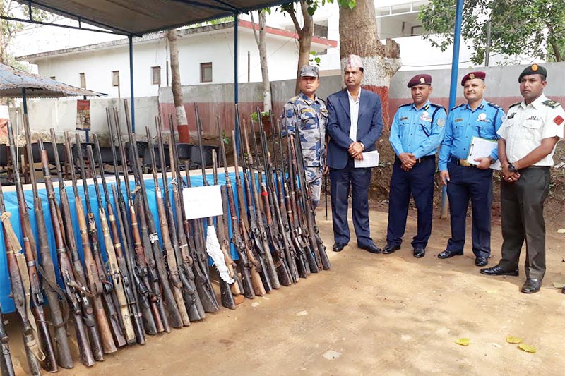 Weapons submitted by locals from various places made public on the premises of District Police Office, Dhading, on Monday, April 15, 2019. Photo: THT