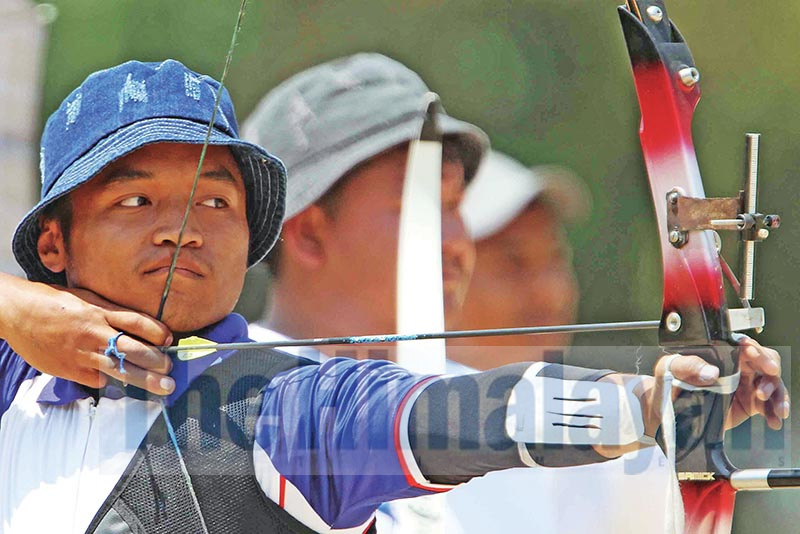 An archer of Kaski Archery aims target in men's 30 meters archery team event at Nepal Police Academy in Nepalgunj on Saturday. Photo: Udipt Singh Chhetry