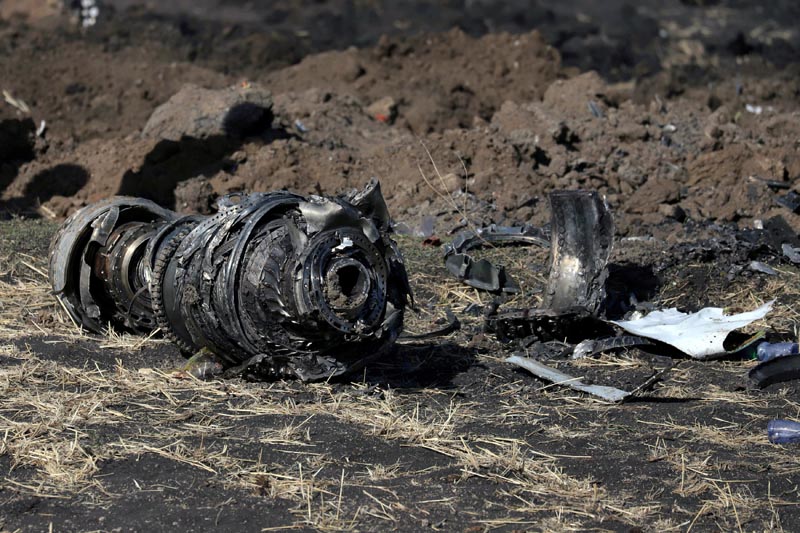 FILE: Engine parts are seen at the scene of the Ethiopian Airlines Flight ET 302 plane crash, near the town of Bishoftu, southeast of Addis Ababa, Ethiopia March 11, 2019. Photo: Reuters/file
