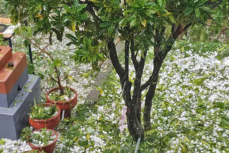 Accumulated hailstorm in Pokhara, on Monday, April 29, 2019. Photo: Rishi Ram Baral/THT