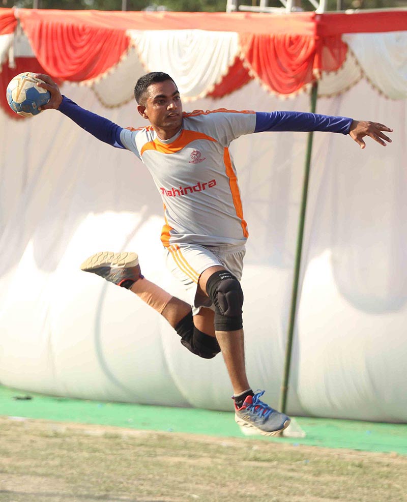NPC player in action against Province-3 during their men’s handball match, under the eighth National Games on Friday, April 19, 2019. Photo: Udipt Singh Chhetry/THT