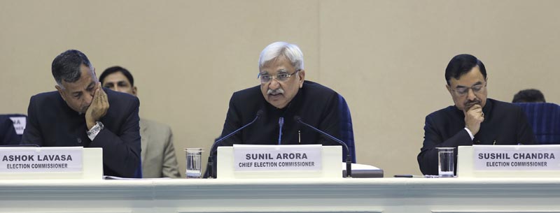 In this March 11, 2019, photo, India's Chief Election Commissioner Sunil Arora, center, with other two election commissioners Ashok Lavasa, left, and Sunil Chandra, right, address a press conference in New Delhi, India. Photo: AP