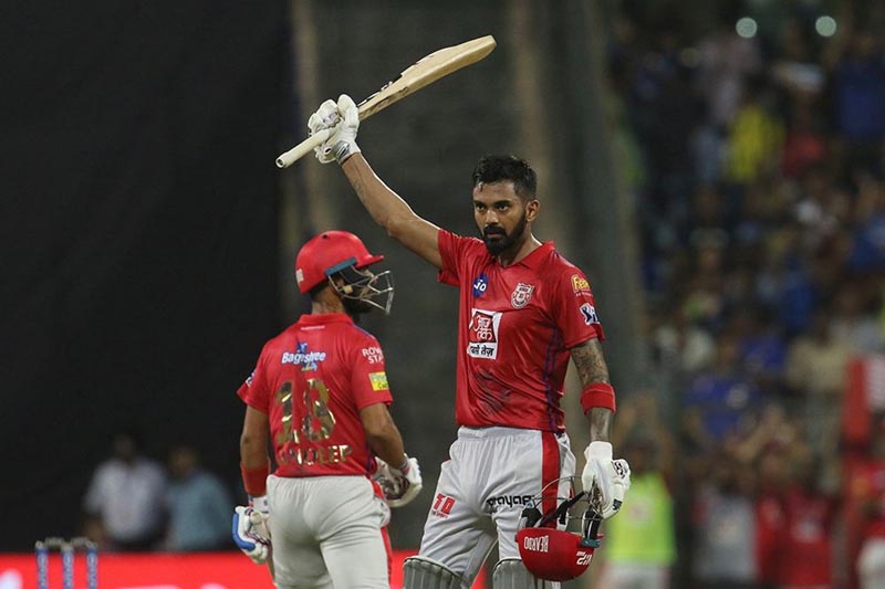 KL Rahul of Kings XI Punjab raises his bat after scoring his century during match 24 of the Vivo Indian Premier League Season 12, 2019 between the Mumbai Indians and the Kings XI Punjab held at the Wankhede Stadium in Mumbai on the 10th April 2019. Photo Courtesy : IPLT20.com