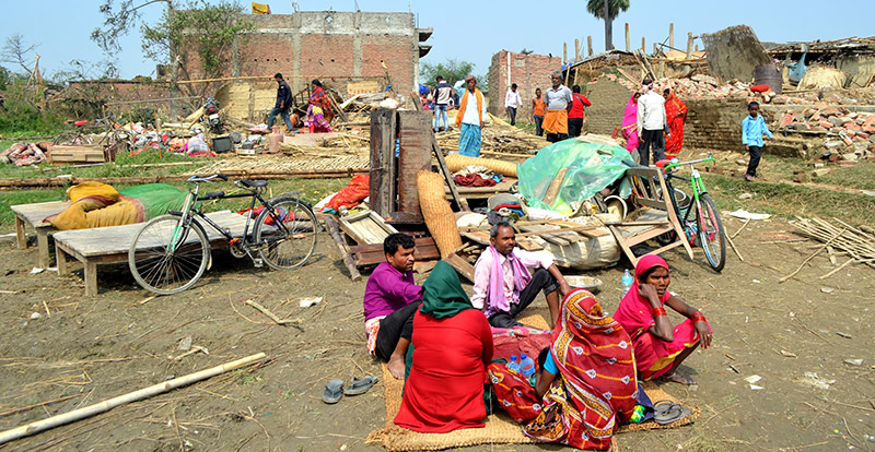 People displaced from their homes which were ravaged by the massive rainstorm in Bara and adjoining Parsa districts, on Monday, April 1, 2019. Photo: Ram Sarraf/THT