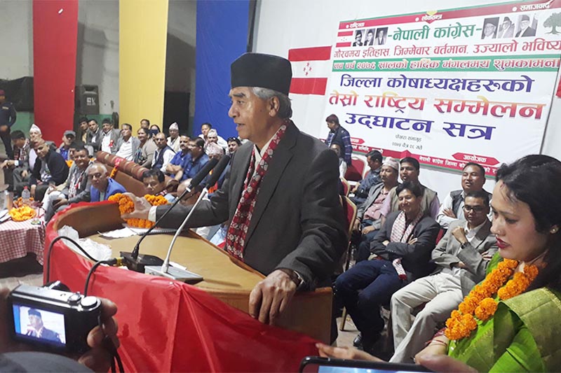 Nepali Congress President Sher Bahadur Deuba speaking at a programme in Pokhara, on Thursday, April 10, 2019. Photo: THT