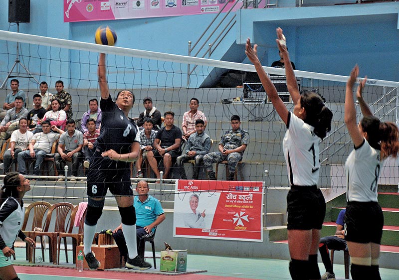 Action in the match between Nepal APF Club (right) and Hongwanji New Diamond Club during their fifth KNP National Women’s Volleyball Tournament match in Lalitpur on Monday. Photo: Naresh Shrestha / THT 
