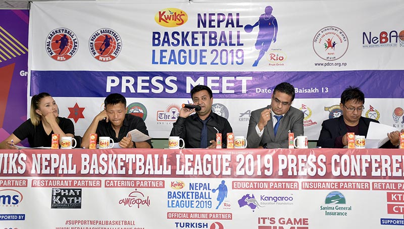 Officials during a press meet of the second edition of the Kwiku2019s Nepal Basketball League in Kathmandu on Friday, April 26, 2019. Photo: Naresh Krishna Shrestha/THT