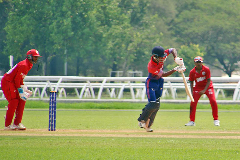Nepali batsman plays a shot against Oman during ICC U-19 World Cup Asia Qualifiers in Malaysia on Tuesday. Photo Courtesy: Raman Shiwakoti